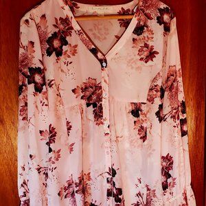 Long sleeve v-neck babydoll blouse, pink with flowers